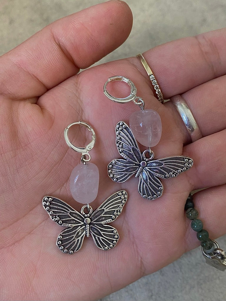Boucles d'oreilles rose quartz butterfly