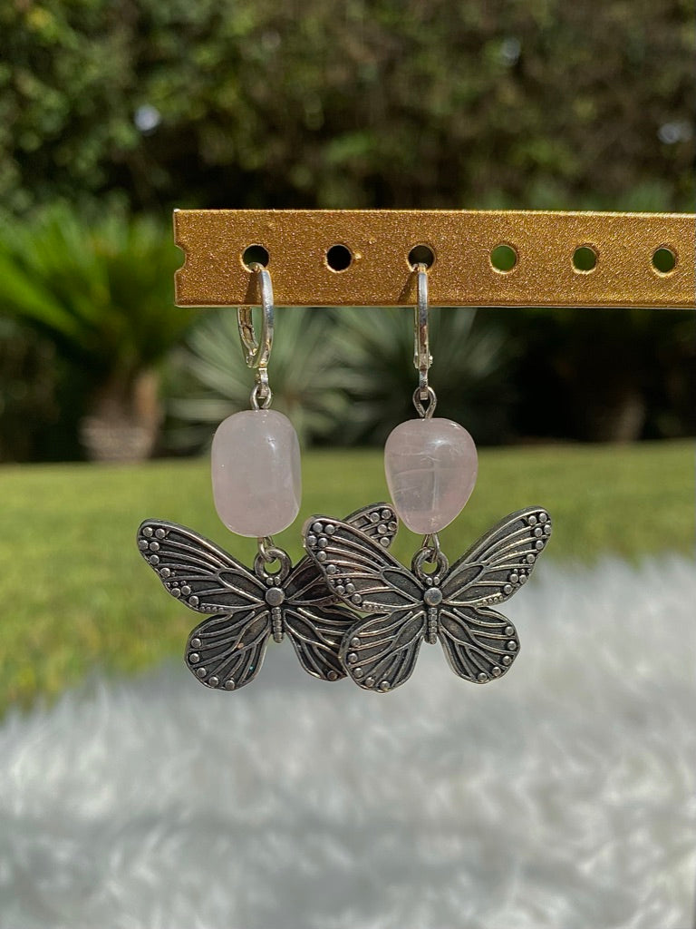 Boucles d'oreilles rose quartz butterfly